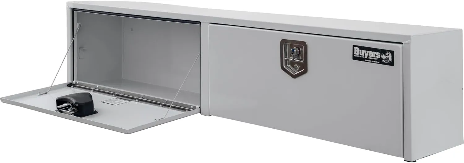 Buyers Products 1702895 White Steel Topsider Truck Box With T-Handle Latch, 18 x 16 x 90 Inch, Truck Tool Box For Storage And Organization, Lockable Contractor Box For Work Trucks