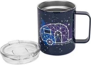 Camco Life is Better at the Campsite Stainless Steel Mug with Lid | White RV Constellation Design on Navy Frost Background | 14oz. (53310)