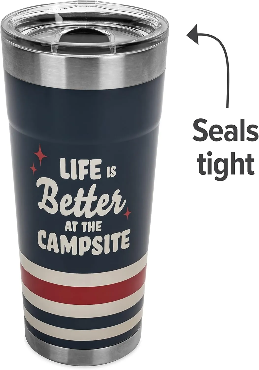 Camco Life is Better at The Campsite Wrapped Tumbler | Features Unique Life is Better at The Campsite Tan Text Design with Dark Blue Background, Red Stars and Tan/Red Stripes | 20 oz. (53326)