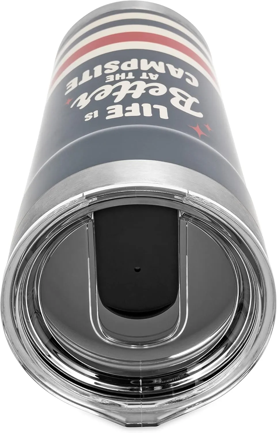 Camco Life is Better at The Campsite Wrapped Tumbler | Features Unique Life is Better at The Campsite Tan Text Design with Dark Blue Background, Red Stars and Tan/Red Stripes | 20 oz. (53326)