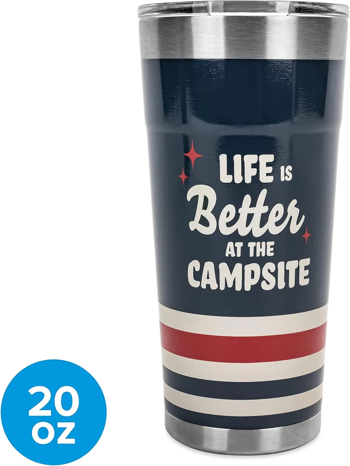 Camco Life is Better at The Campsite Wrapped Tumbler | Features Unique Life is Better at The Campsite Tan Text Design with Dark Blue Background, Red Stars and Tan/Red Stripes | 20 oz. (53326)