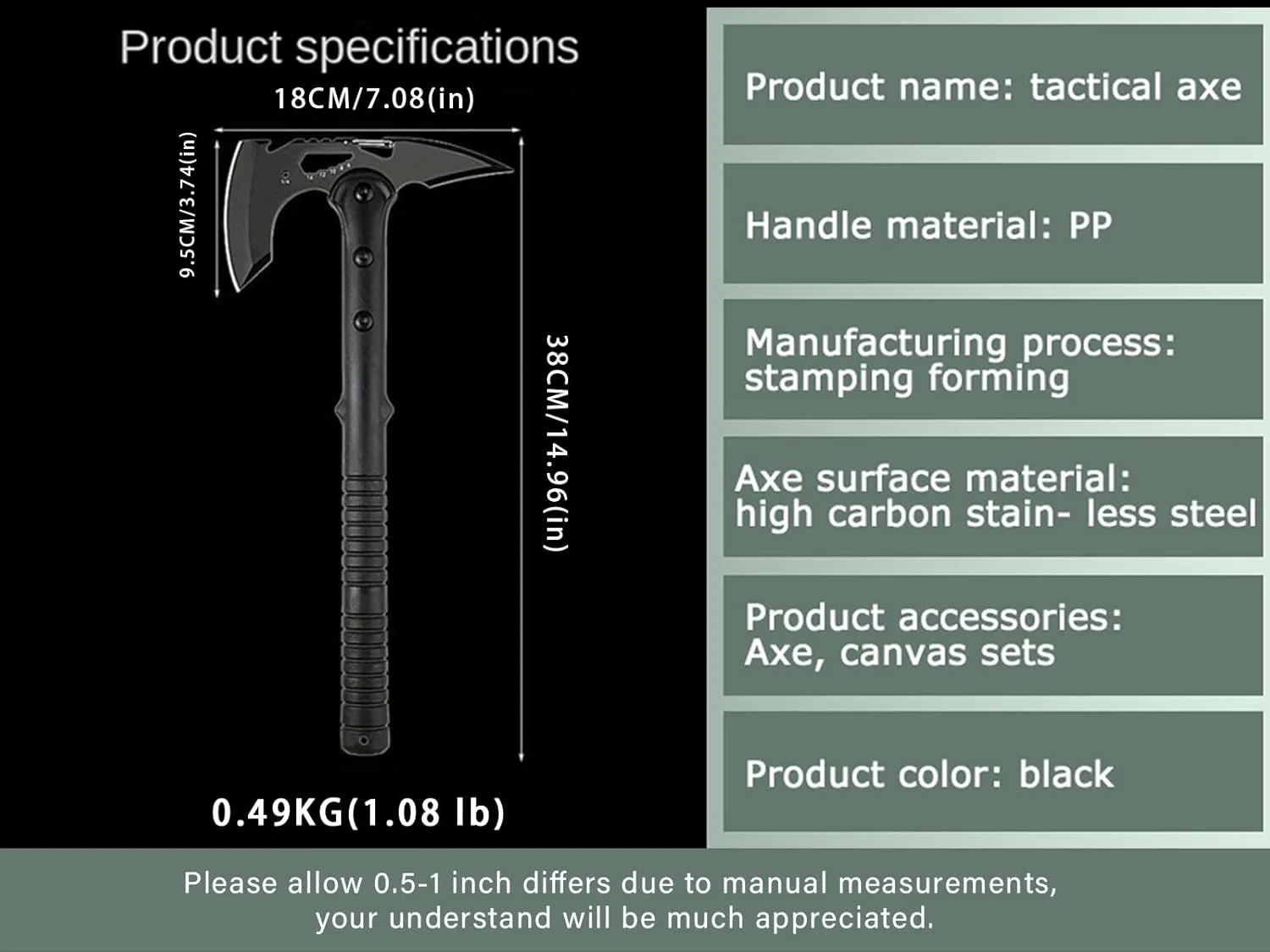 Camping Axe, Chopping Hatchet with Awl, Tactical Tomahawk with Hammer, Stainless Steel Axe for Outdoor Camping Hiking Garden