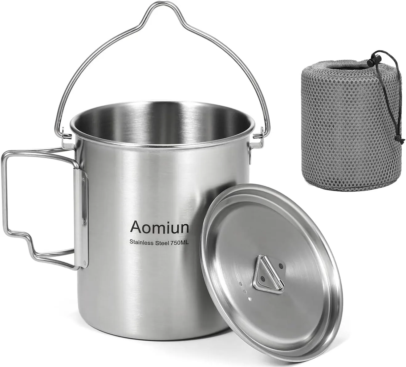 Camping Cup 750ml Stainless Steel Pot Portable Water Mug Cup with Lid and Foldable Handle