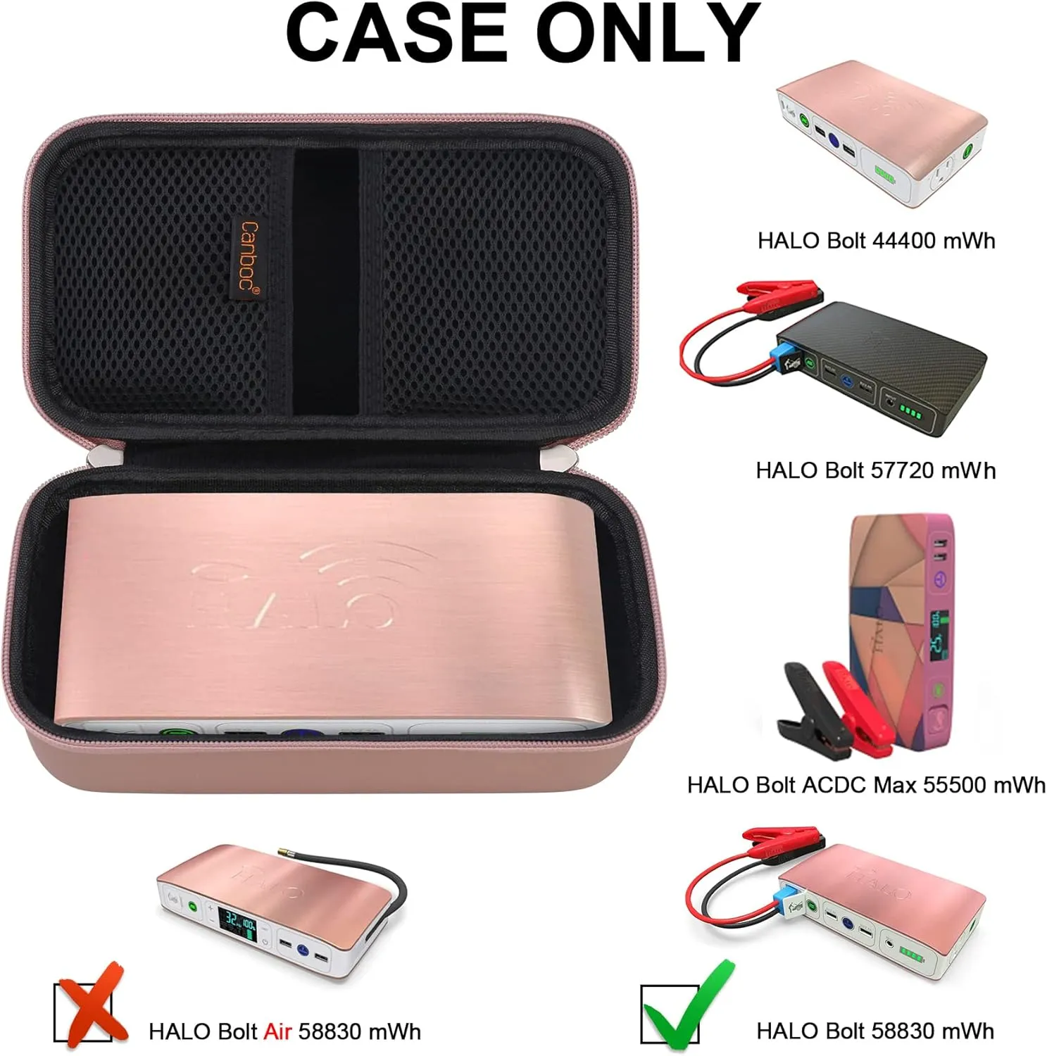 Canboc Carrying Case for Halo Bolt Portable Car Jump Starter 58830/57720/44400 mWh, Halo Bolt ACDC Max 55500 mWh Phone Charger, Mesh Bag for Jumper Cable, AC Wall Charger, Charge,Rose Gold