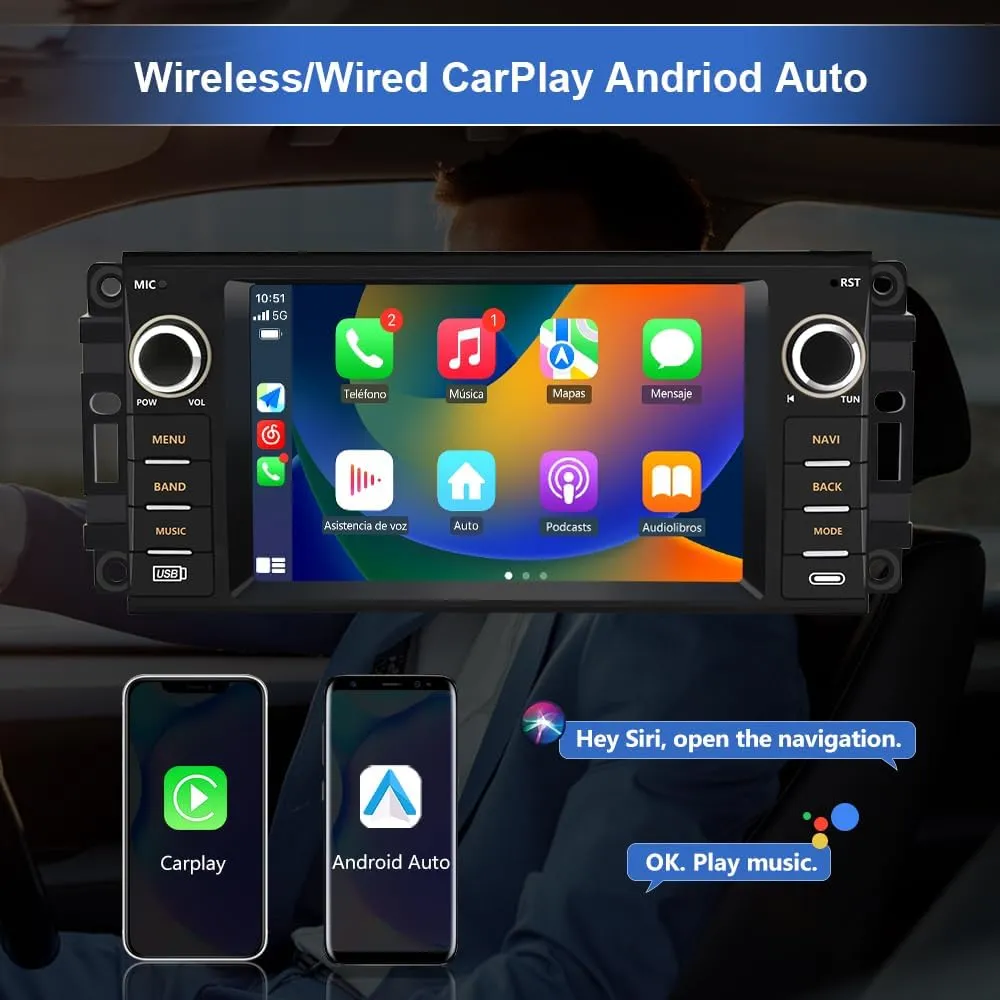Car Stereo [2GB 32GB] for Jeep Wrangler JK Compass Patriot/Chrysler/Dodge RAM Charger, 7 inch Touch Screen Android 13 Radio with Bluetooth GPS Wireless CarPlay Andriod Auto