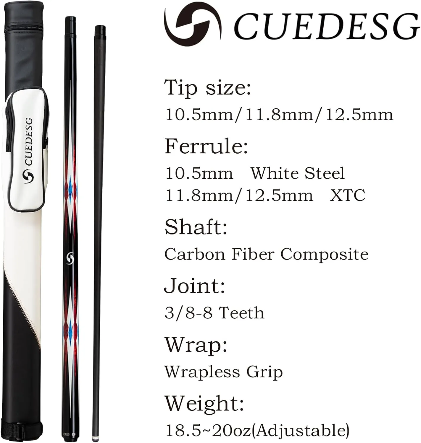 Carbon Fiber Pool Cue Stick 10.5mm/11.8mm/12.5mm,Low Deflection Pool Stick,Professional Cue Stick with Case