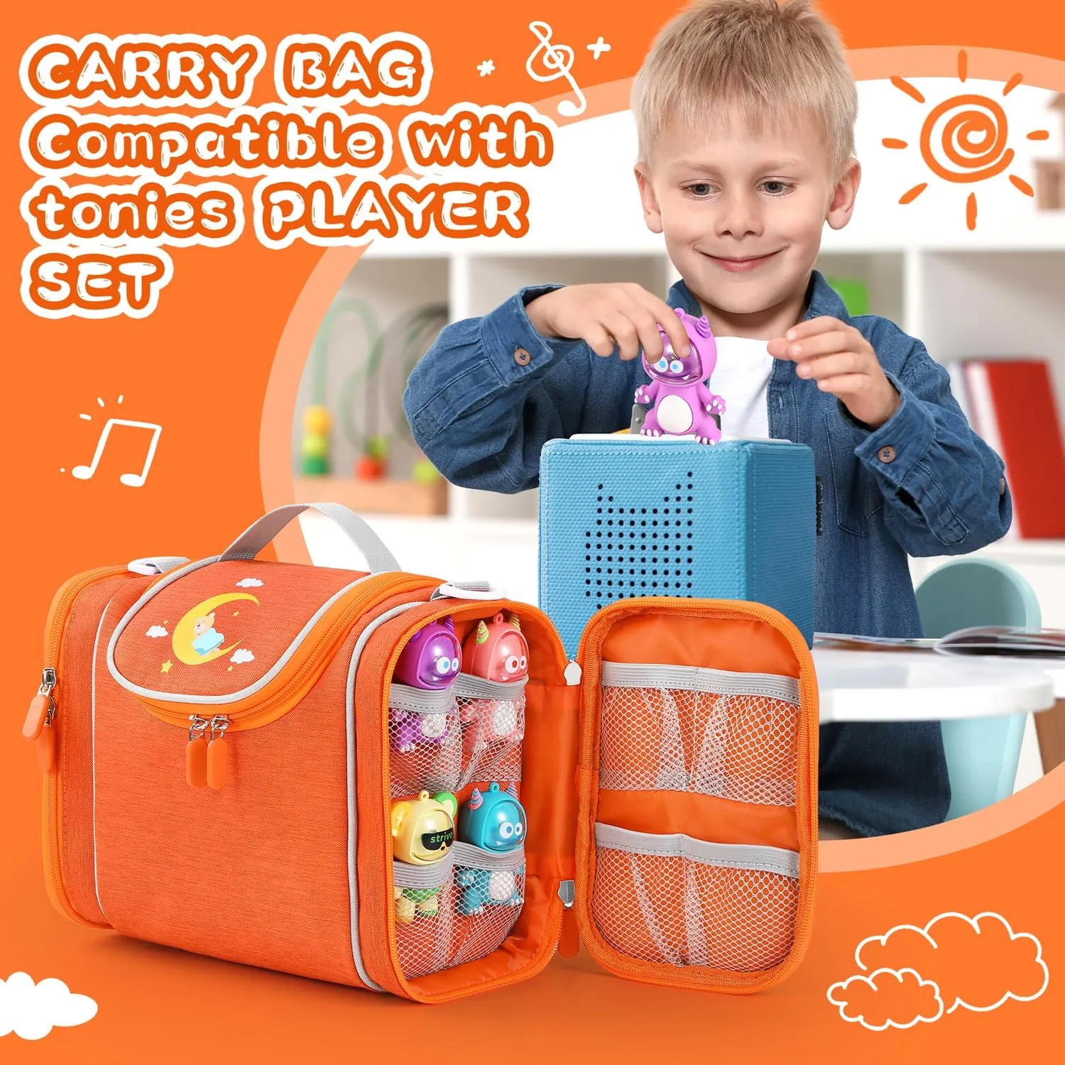 Carrying Case Compatible with Toniebox Starter Set, Role Storage Bag with Handle and Shoulder Strap, Portable Travel Organizer Case for Tonies Headphones, Charger and Accessories (Orange)
