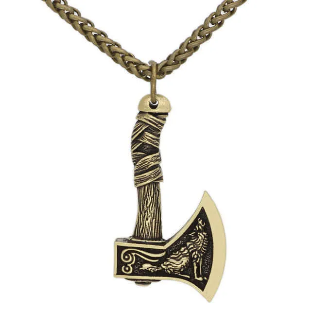 Celtic Wolf And Raven Viking Axe Necklace