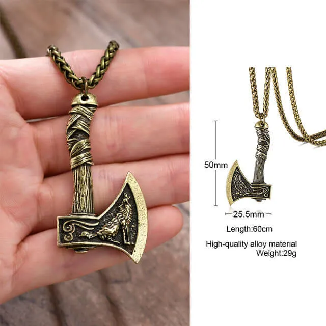 Celtic Wolf And Raven Viking Axe Necklace