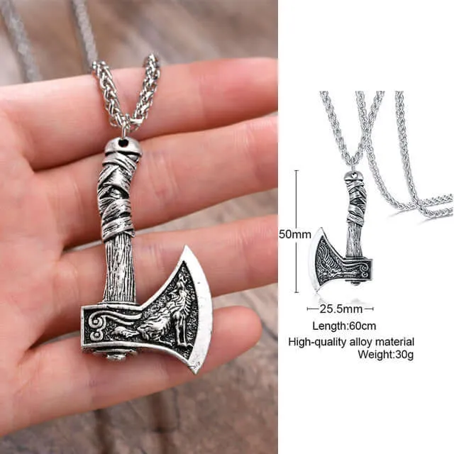 Celtic Wolf And Raven Viking Axe Necklace