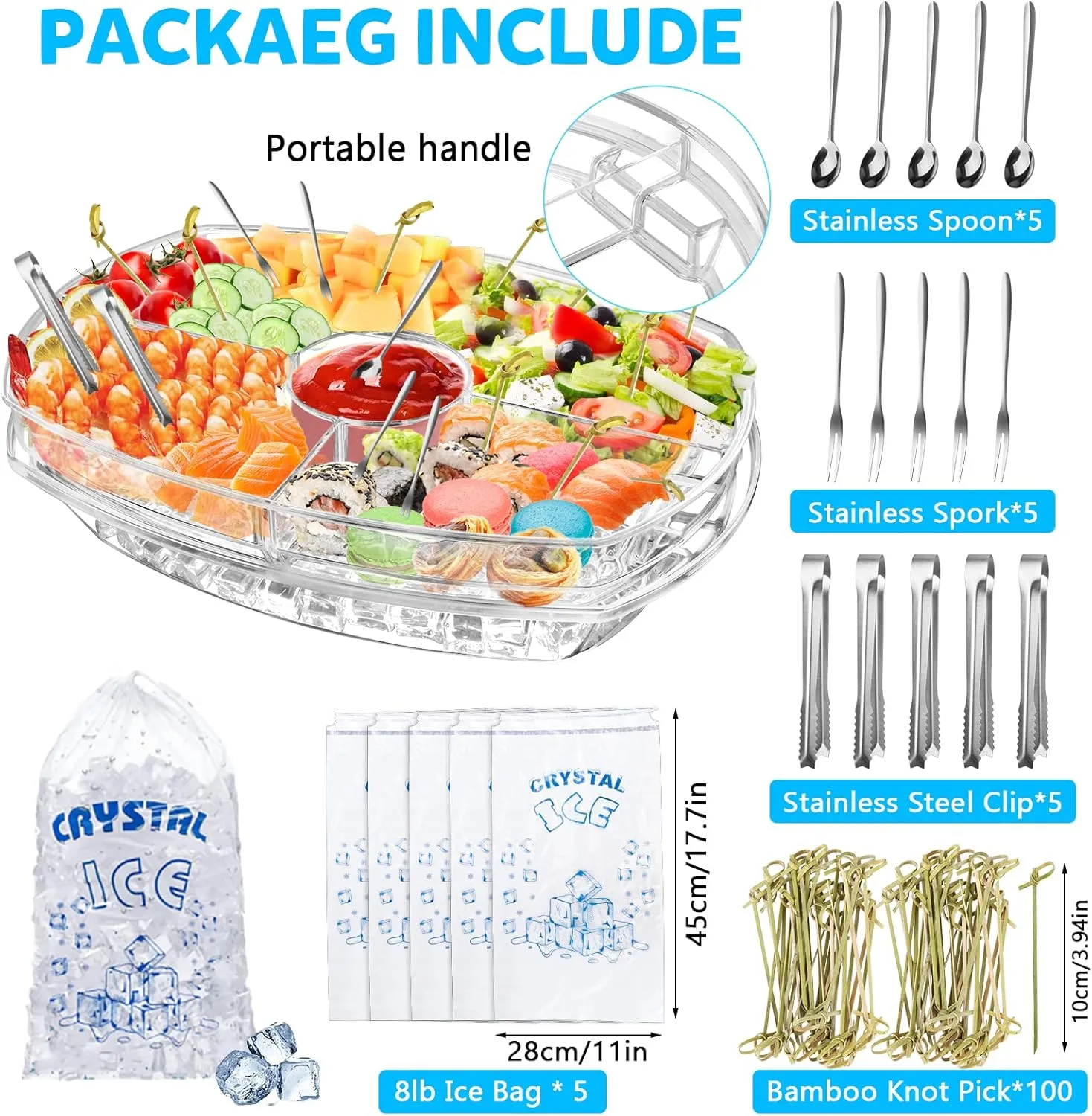 Chilled Serving Tray, 15" Clear Plastic Party Platter with 4 Compartments, Ice Serving Bowl with Bamboo Sticks, Stainless Spoons Forks Clamps, Appetizer Serving Tray on Ice for Veggie, Appetizer