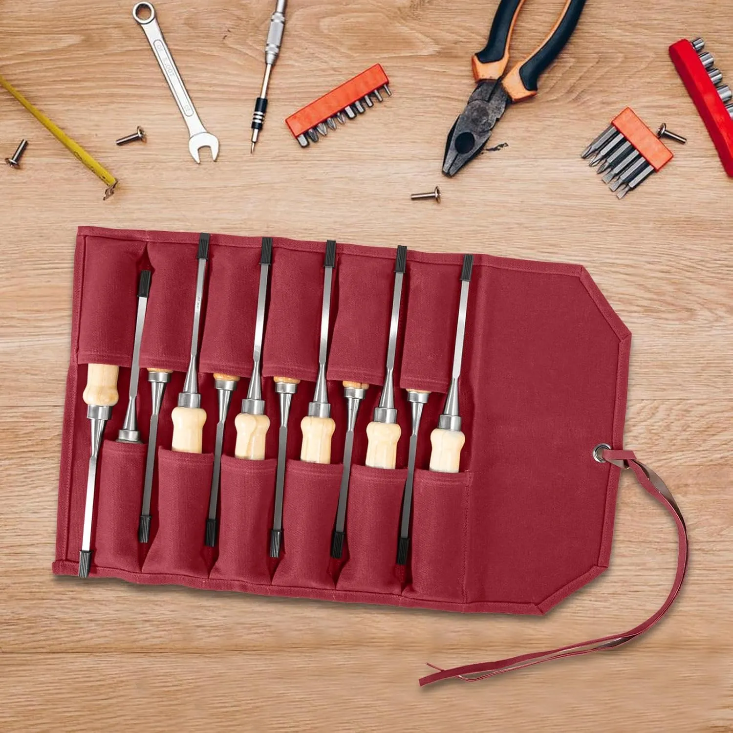 Chisel Roll,12 Pockets Roll Up Tool Pouch,Waxed Canvas Small Tool Roll Organizer and Wrench Roll Up Pouch,Store Chisel,Wrench,Pliers,Carving Knife,Best Gifts Bag for Carpenter