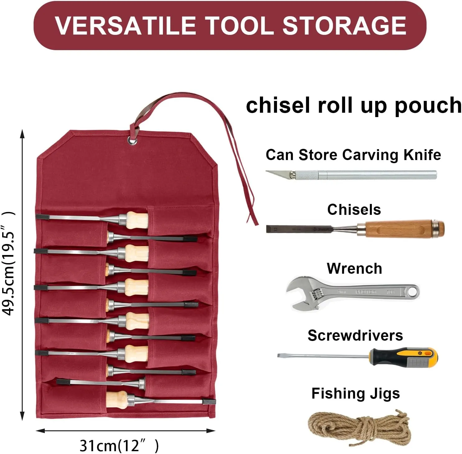 Chisel Roll,12 Pockets Roll Up Tool Pouch,Waxed Canvas Small Tool Roll Organizer and Wrench Roll Up Pouch,Store Chisel,Wrench,Pliers,Carving Knife,Best Gifts Bag for Carpenter