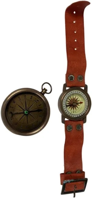 Combo Set Nautical Style Handmade Antique Brass Wrist Compass Leather Strap and Pocket Navigational Instrument Handy Mini Sized Front Face Compass