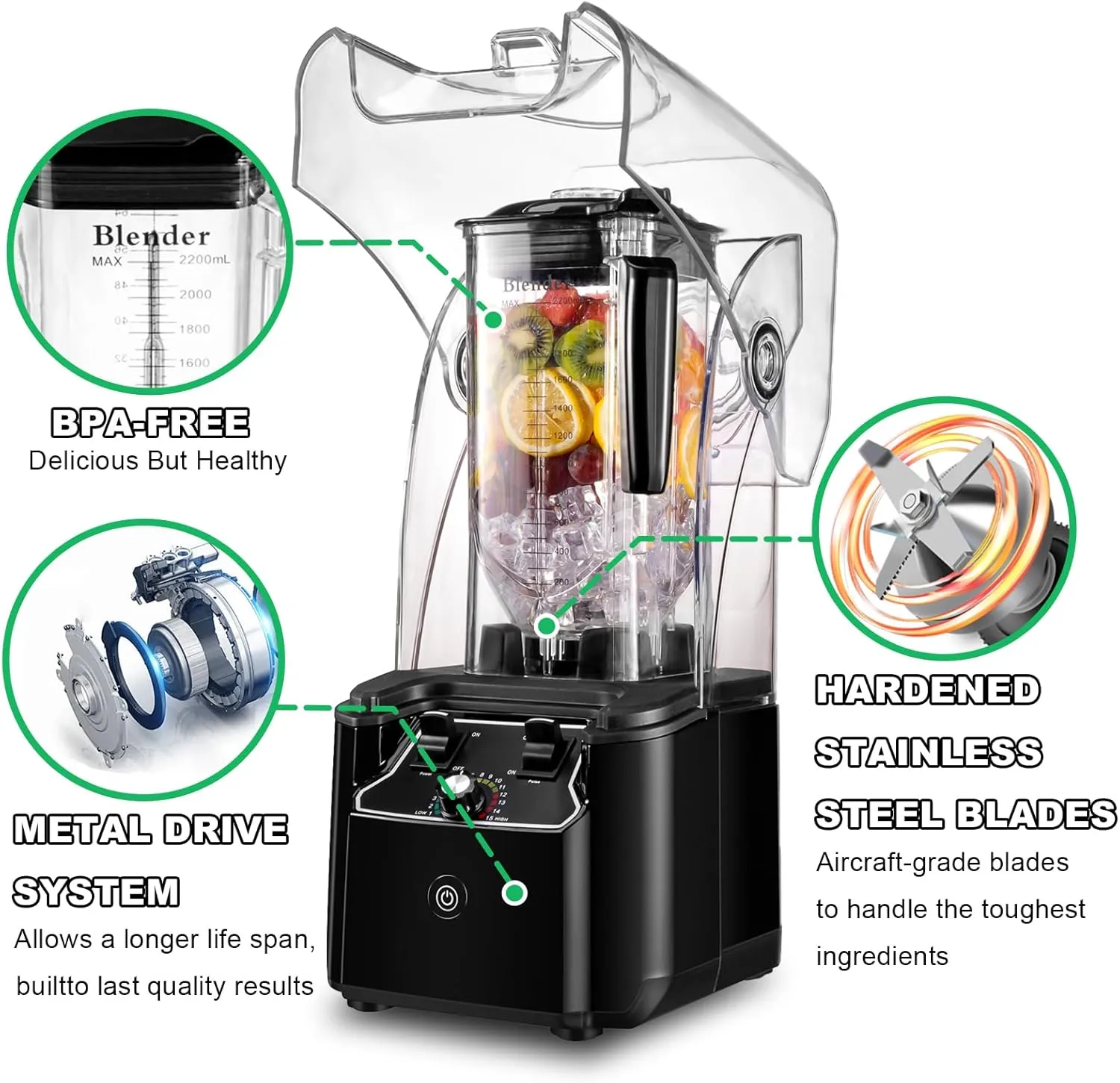 Commercial Blender for Smoothies 2200W, 80 Oz, 15 Speeds, 6-leaf Stainless Steel Blade, Heavy-Duty Commercial Blender for Restaurant, Smoothies, Ice Crush, Shakes, Self-Cleaning, Black