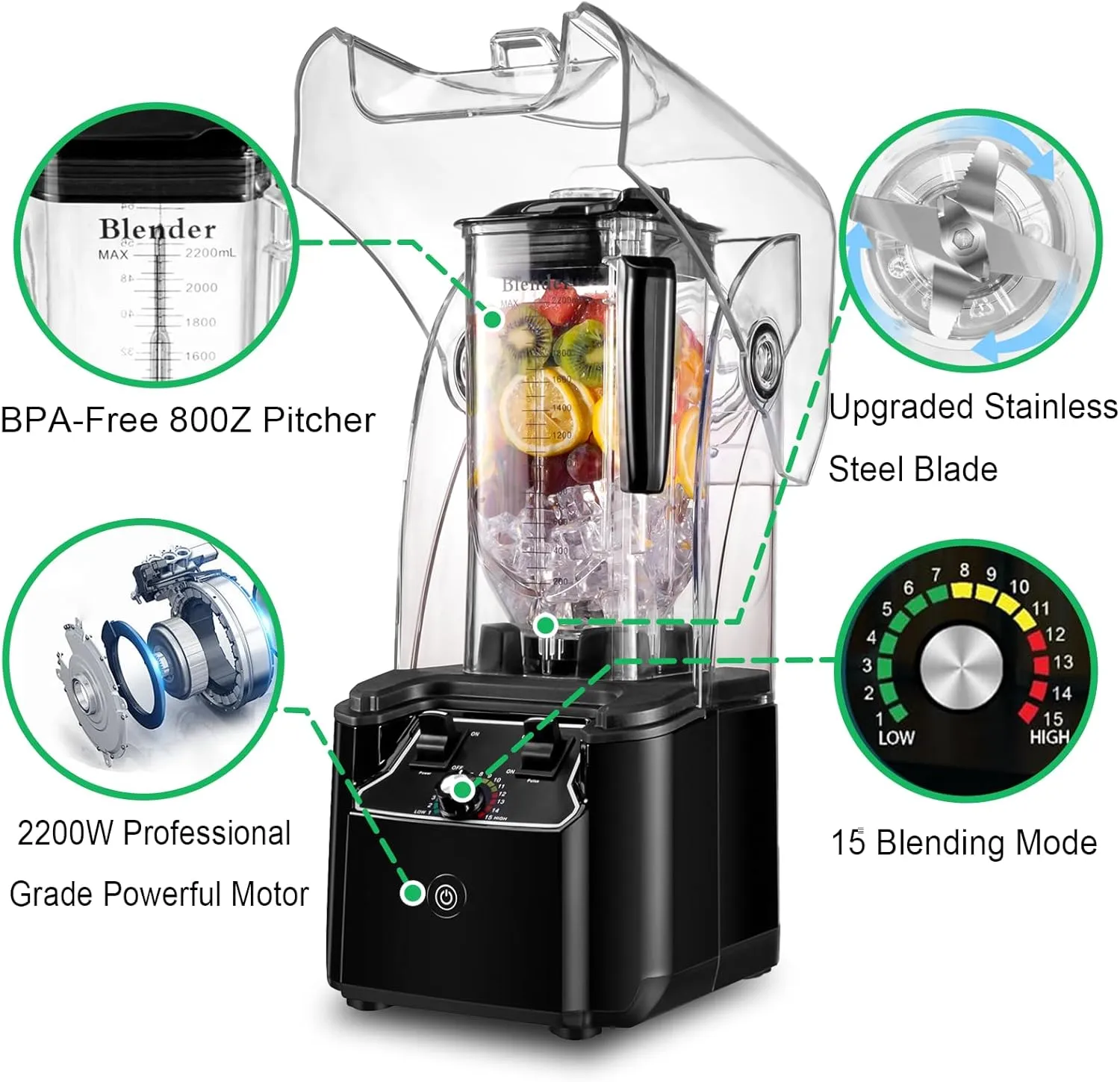 Commercial Blender for Smoothies 2200W, 80 Oz, 15 Speeds, 6-leaf Stainless Steel Blade, Heavy-Duty Commercial Blender for Smoothies, Ice Crush, Shakes, Self-Cleaning, Dark Black