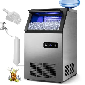 Commercial Ice Maker Machine 120Lbs/24H with 35Lbs Ice Capacity, 45Pcs Clear Ice Cubes Ready in 11-20Mins, Stainless Steel Under Counter Freestanding Large Ice Machine, 2 Water Inlet Modes