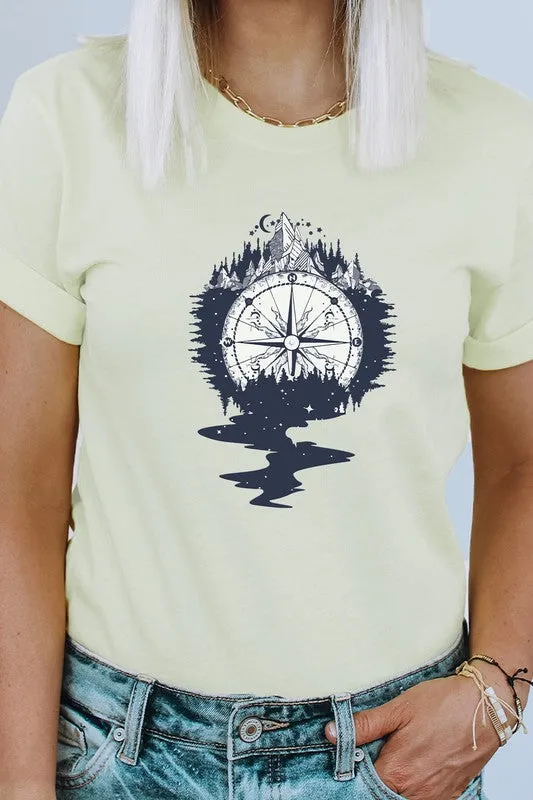 Compass Mountains Forest Night Sky Graphic Tee