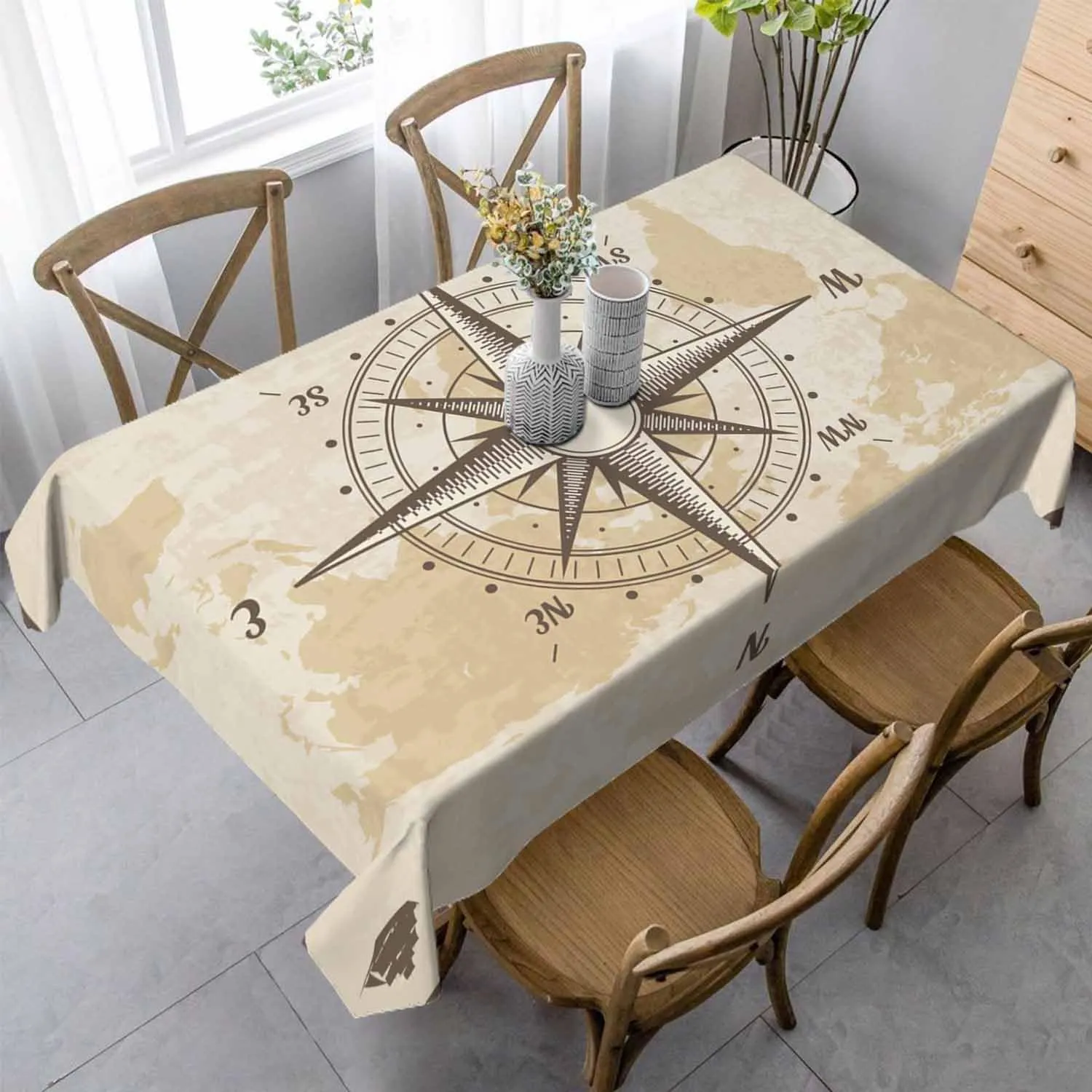 Compass Table Cloth for Rectangle Table 60x84 Inch Old World Map Nautical Compass Kitchen Table Cover Decorations for Home Dinner Party Outdoors Picnic