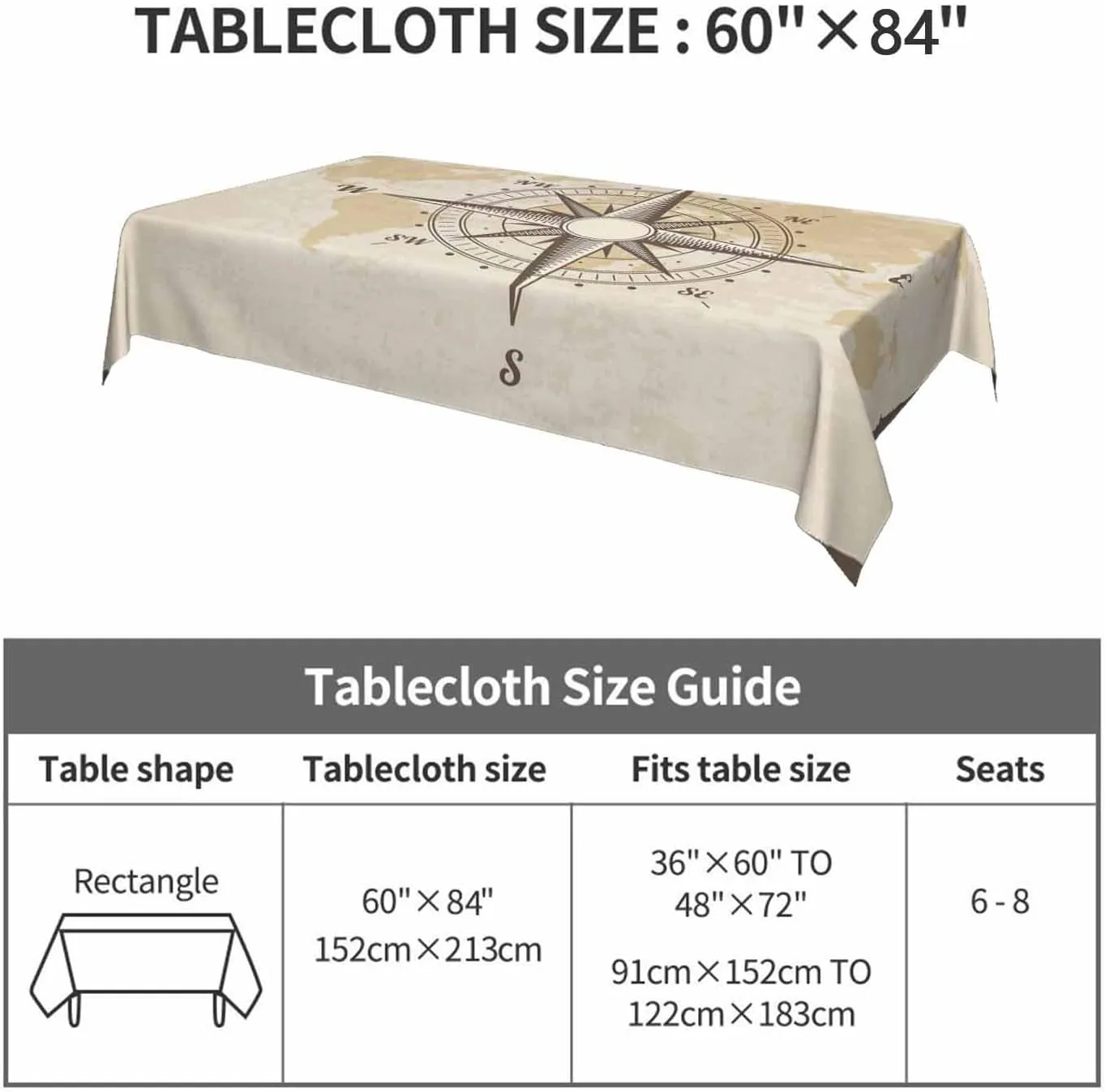 Compass Table Cloth for Rectangle Table 60x84 Inch Old World Map Nautical Compass Kitchen Table Cover Decorations for Home Dinner Party Outdoors Picnic