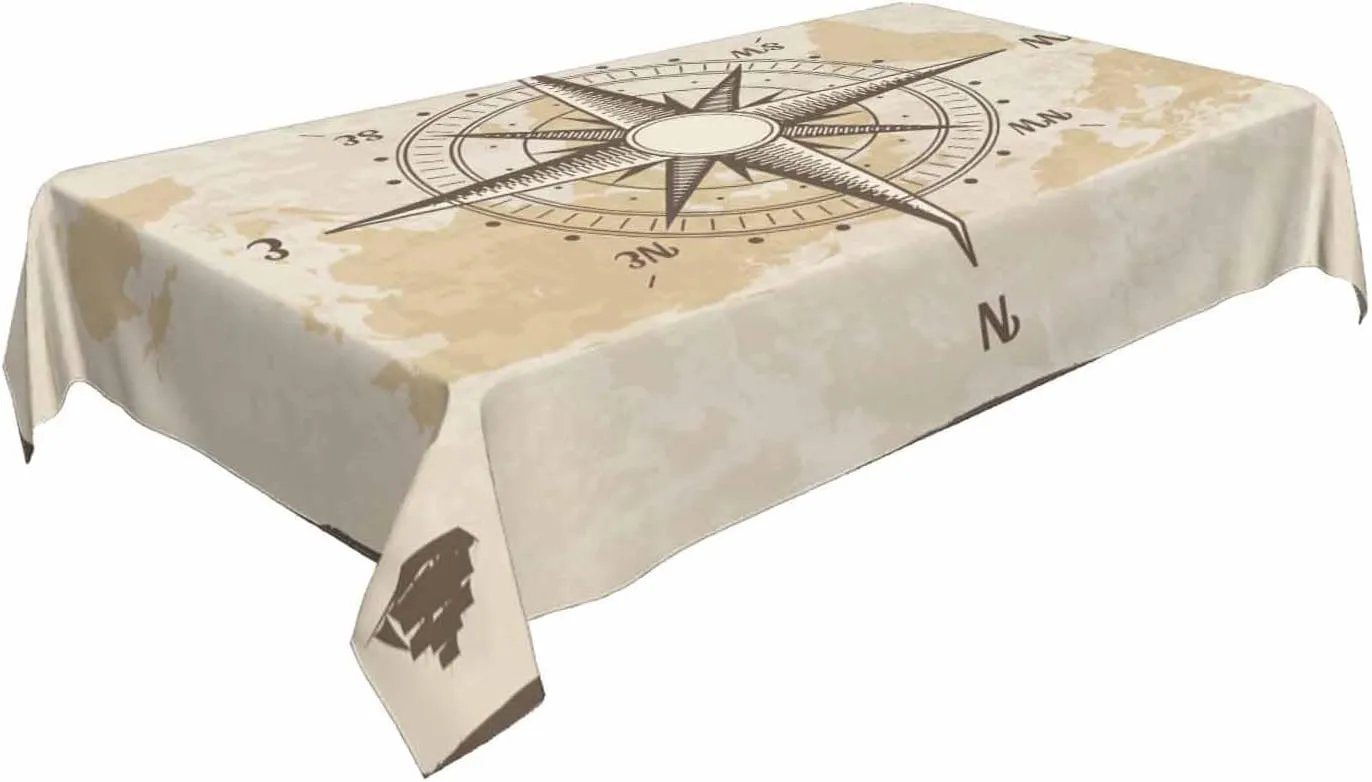 Compass Table Cloth for Rectangle Table 60x84 Inch Old World Map Nautical Compass Kitchen Table Cover Decorations for Home Dinner Party Outdoors Picnic