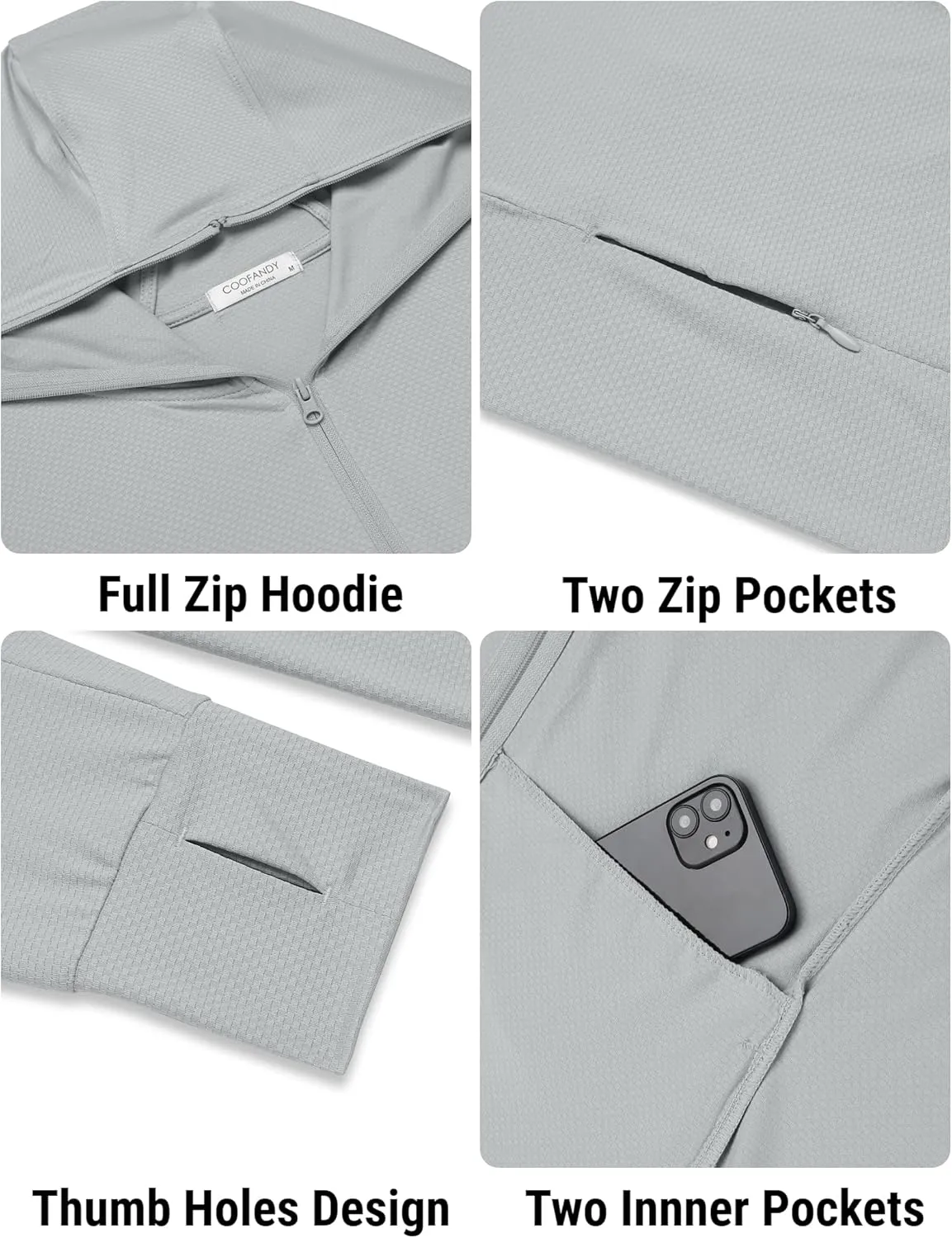 COOFANDY Men Full Zip UPF 50 Sun Protection Hoodie Jacket Long Sleeve Lightweight Breathable UV Shirts with Pockets