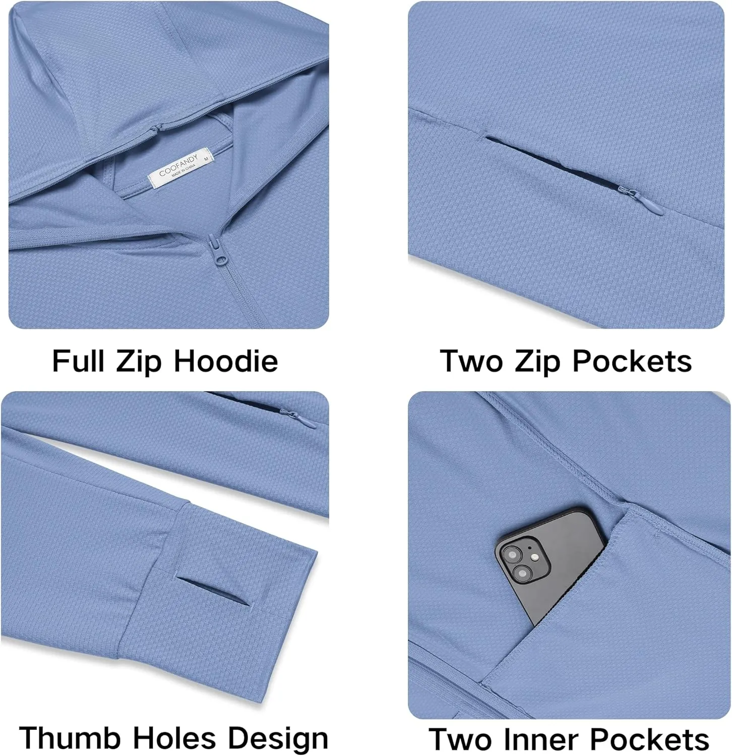 COOFANDY Men Full Zip UPF 50 Sun Protection Hoodie Jacket Long Sleeve Lightweight Breathable UV Shirts with Pockets