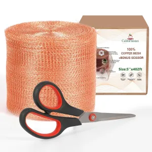 Copper Mesh Rodent Control, 5in x 402ft- Rustproof Copper Mesh Roll for Rodent, Bat & Snail - Perfect for Hole Blocking, Gardening & Sealing Water Opening - Plus Special Bonus Scissor