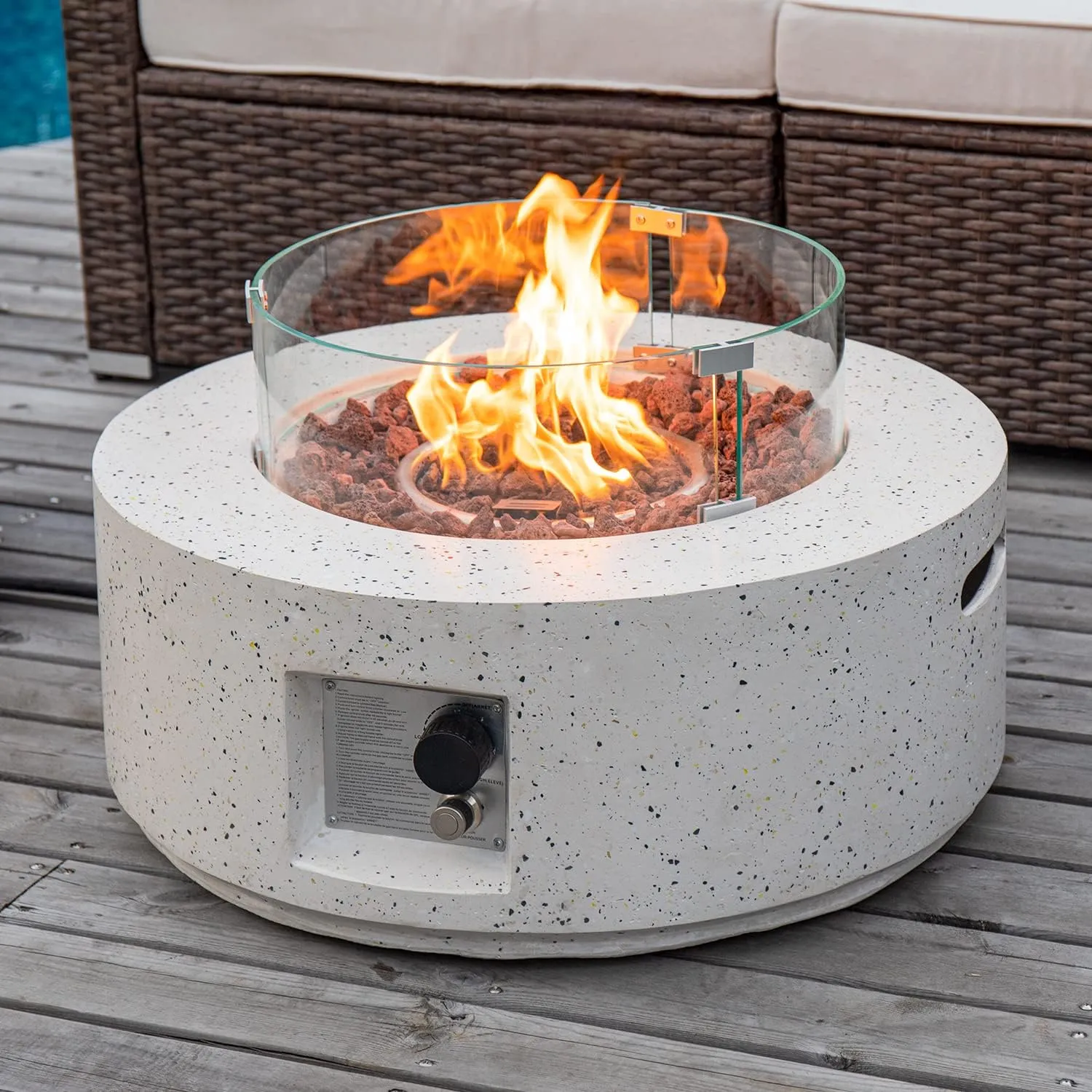 COSIEST Outdoor Propane Fire Pit Coffee Table, 28-inch Terrazzo Round Base Patio Heater, CSA Certified, 40,000 BTU Stainless Steel Burner, Wind Guard, Free Lava Rocks, Waterproof Cover