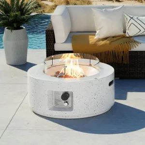 COSIEST Outdoor Propane Fire Pit Coffee Table, 28-inch Terrazzo Round Base Patio Heater, CSA Certified, 40,000 BTU Stainless Steel Burner, Wind Guard, Free Lava Rocks, Waterproof Cover