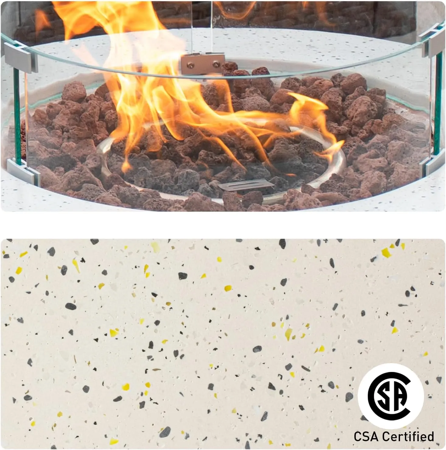 COSIEST Outdoor Propane Fire Pit Coffee Table, 28-inch Terrazzo Round Base Patio Heater, CSA Certified, 40,000 BTU Stainless Steel Burner, Wind Guard, Free Lava Rocks, Waterproof Cover