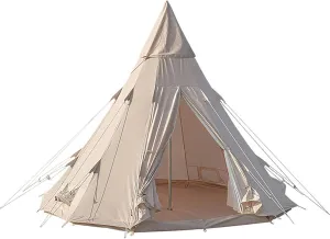 Cotton Canvas Camping Pyramid Tent, Outdoor Glamping Bell Tent 3 x 3 x 2.5m/10 x 10 x 8ft, Waterproof Indian Tipi Yurt Tent for 2~3 Person, Family Camping in All Seasons Cotton Yurt Tent