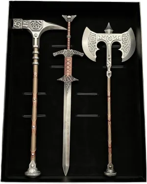 crafthand Handmade Game Set of 3 Skyrim Weapon Box Metal Knife Steel War Hammer Greatsword Gaint Axe Knife Collection Cosplay Prop Desktop Decoration