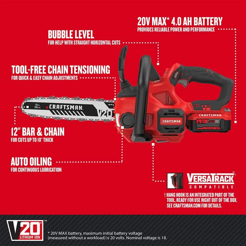CRAFTSMAN V20 Cordless Chainsaw with Battery and Charger Included, 12-Inch (CMCCS620M1)
