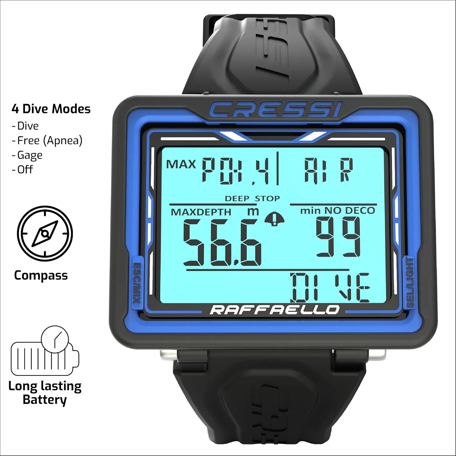 Cressi Scuba Dive Computer, Digital Compass, 3 Dive Modes, Wide Screen, Easy-to-Read Display - Raffaello: Made in Italy