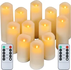 crowm Flickering Flameless Candles with Remote, Battery Operated Timer LED Votive Candles, Outdoor Waterproof Pillar Ivory Candles Light for Christmas Halloween Decor - Set of 12