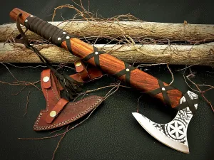 Custom Forged Carbon Steel Viking Axe with Rose Wood Shaft, Viking Bearded Camping Axe