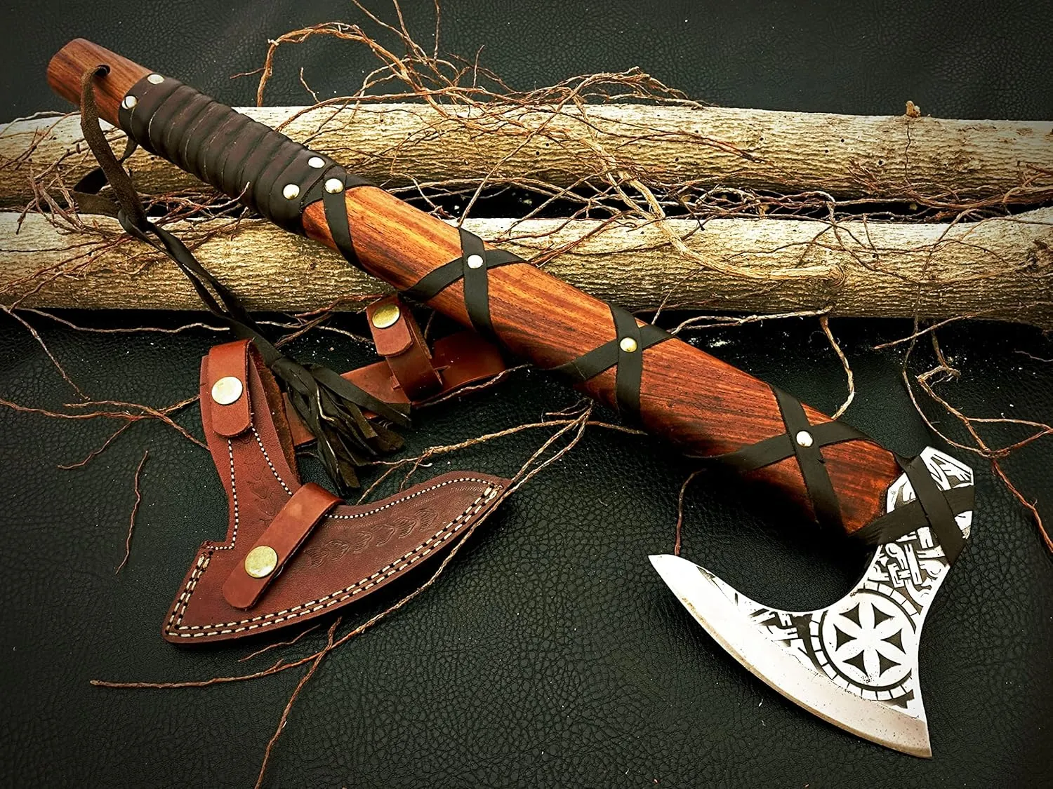 Custom Forged Carbon Steel Viking Axe with Rose Wood Shaft, Viking Bearded Camping Axe