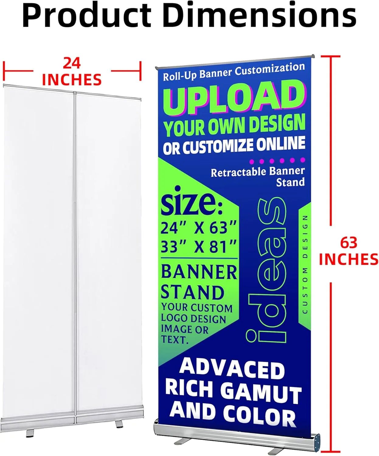 Custom Retractable Banner Stand 24"X63" | Windproof Base & Travel Bag | Professional Advertising for Trade Shows, Retail | Tool-Free Assembly   Made in USA (24"X63")