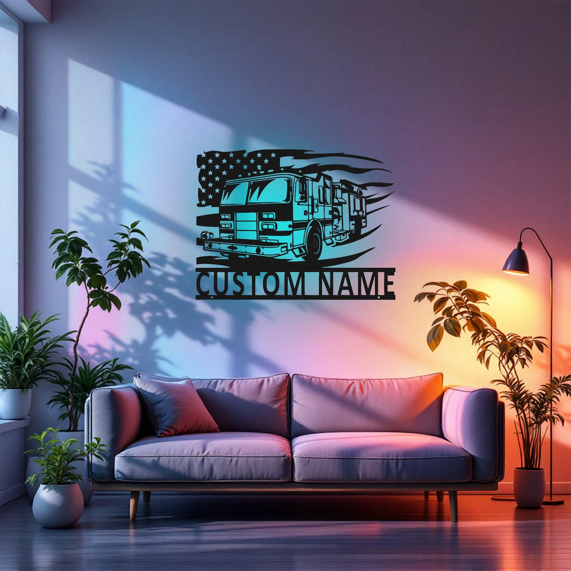 Custom US Fire Truck Metal Wall Art With Led Light, Personalized Fire Trucker Name Sign Decoration For Room, Us Fire Truck Metal Led Decor