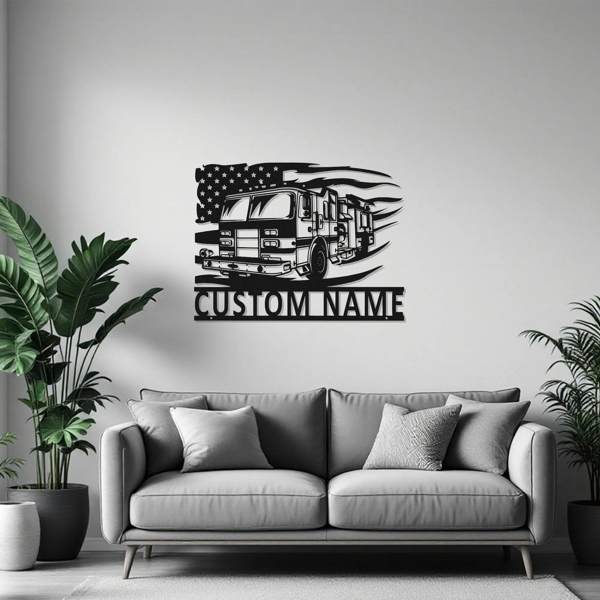 Custom US Fire Truck Metal Wall Art With Led Light, Personalized Fire Trucker Name Sign Decoration For Room, Us Fire Truck Metal Led Decor