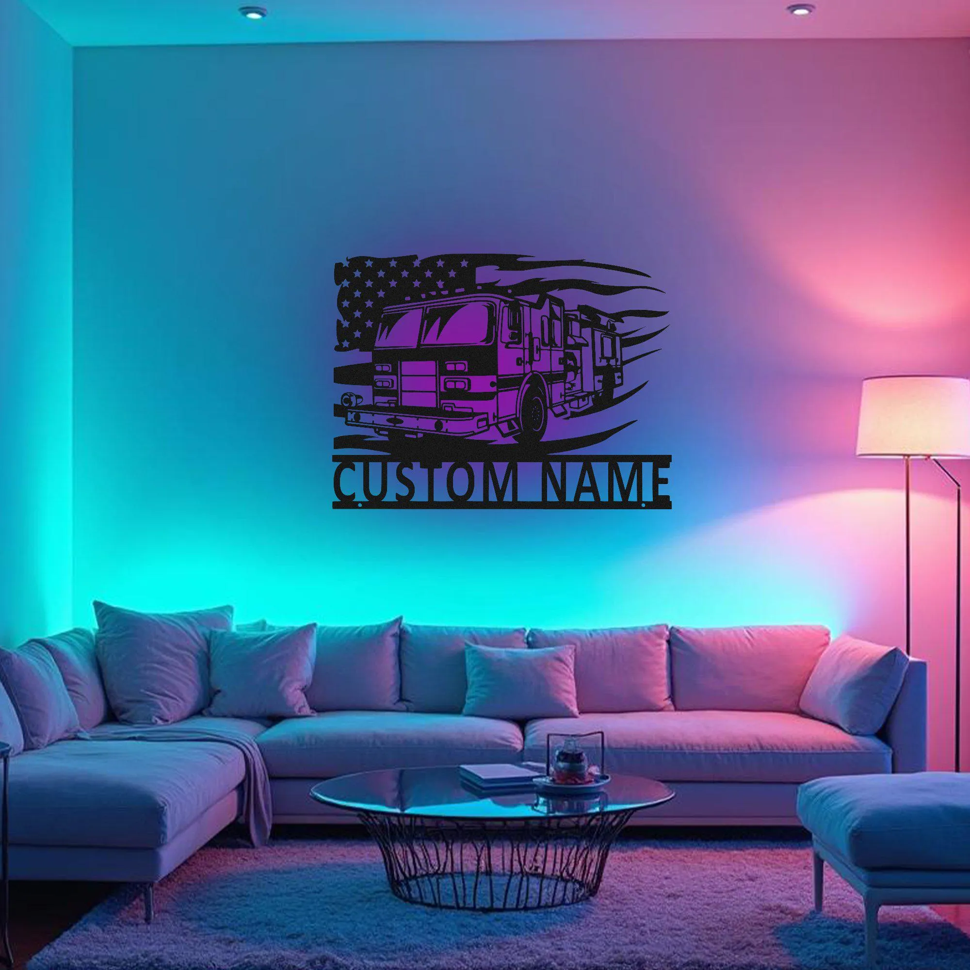 Custom US Fire Truck Metal Wall Art With Led Light, Personalized Fire Trucker Name Sign Decoration For Room, Us Fire Truck Metal Led Decor
