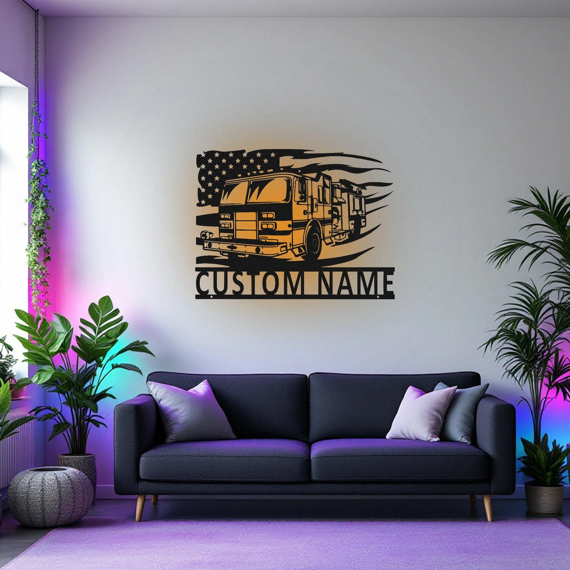 Custom US Fire Truck Metal Wall Art With Led Light, Personalized Fire Trucker Name Sign Decoration For Room, Us Fire Truck Metal Led Decor