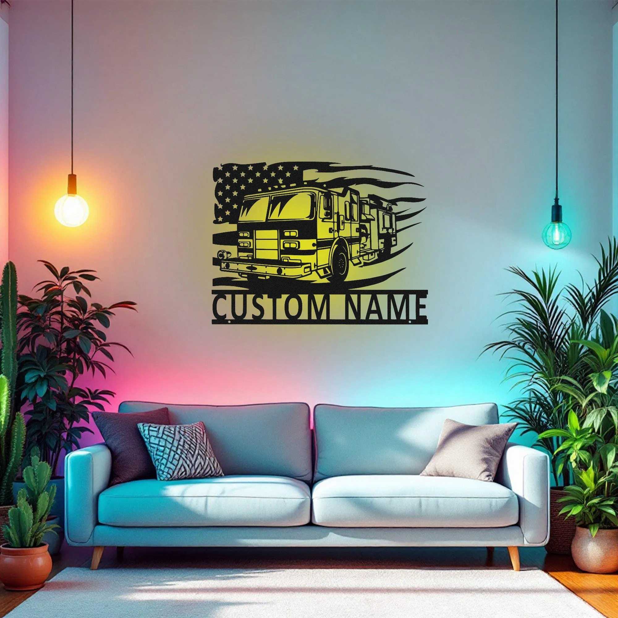 Custom US Fire Truck Metal Wall Art With Led Light, Personalized Fire Trucker Name Sign Decoration For Room, Us Fire Truck Metal Led Decor