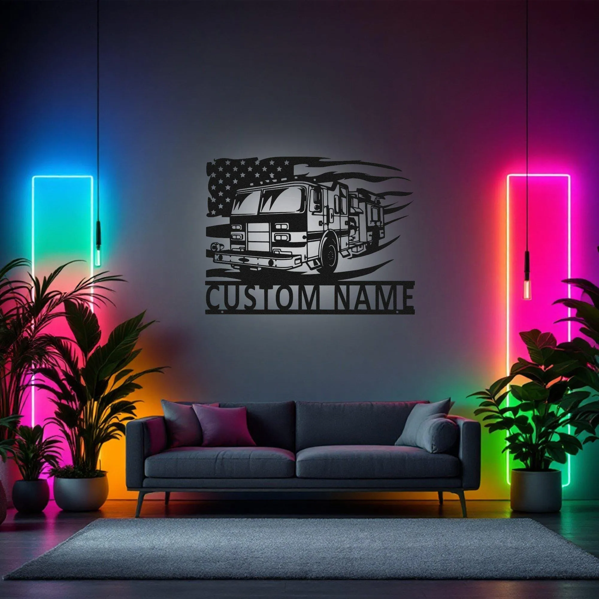 Custom US Fire Truck Metal Wall Art With Led Light, Personalized Fire Trucker Name Sign Decoration For Room, Us Fire Truck Metal Led Decor