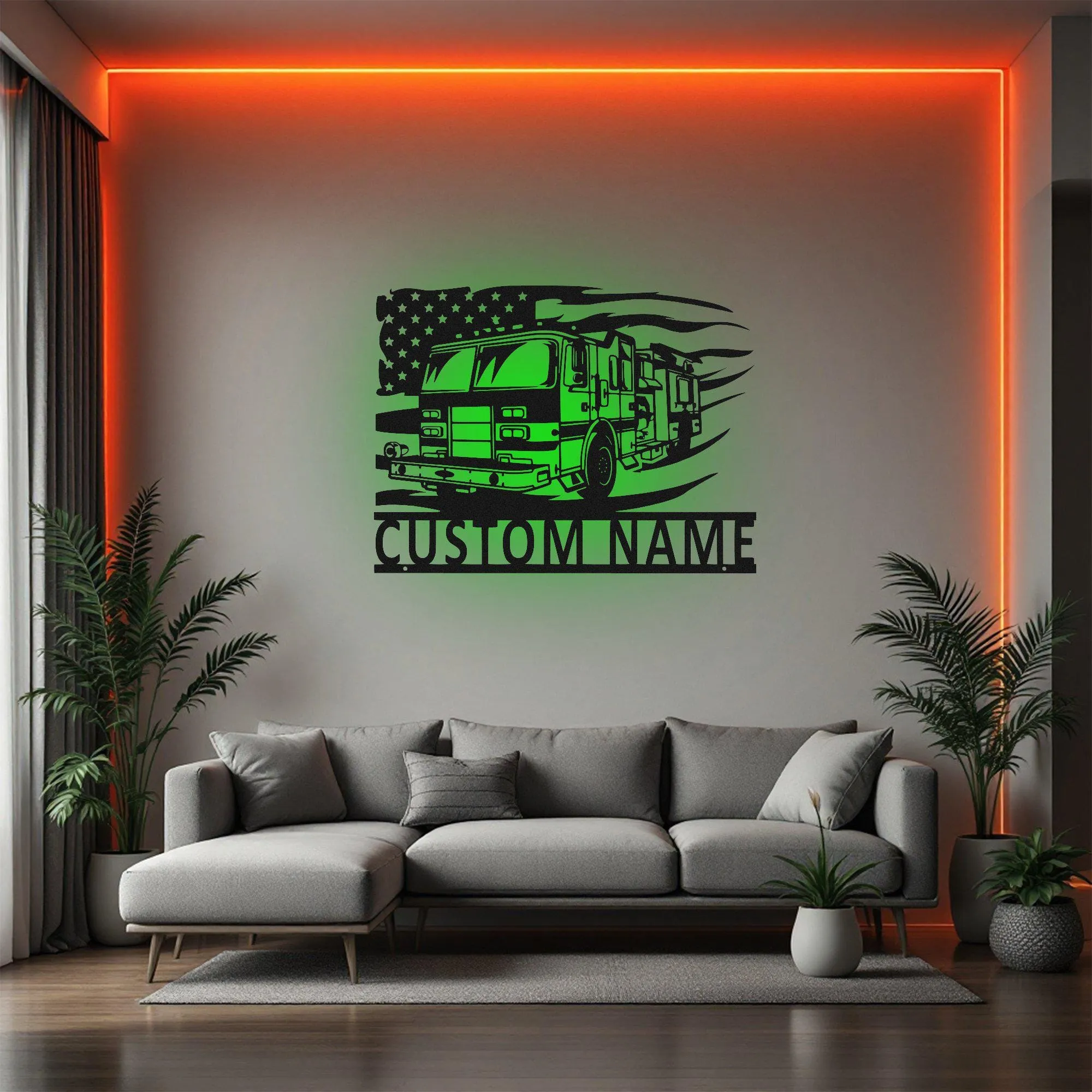 Custom US Fire Truck Metal Wall Art With Led Light, Personalized Fire Trucker Name Sign Decoration For Room, Us Fire Truck Metal Led Decor