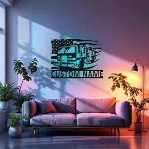 Custom US Fire Truck Metal Wall Art With Led Light, Personalized Fire Trucker Name Sign Decoration For Room, Us Fire Truck Metal Led Decor