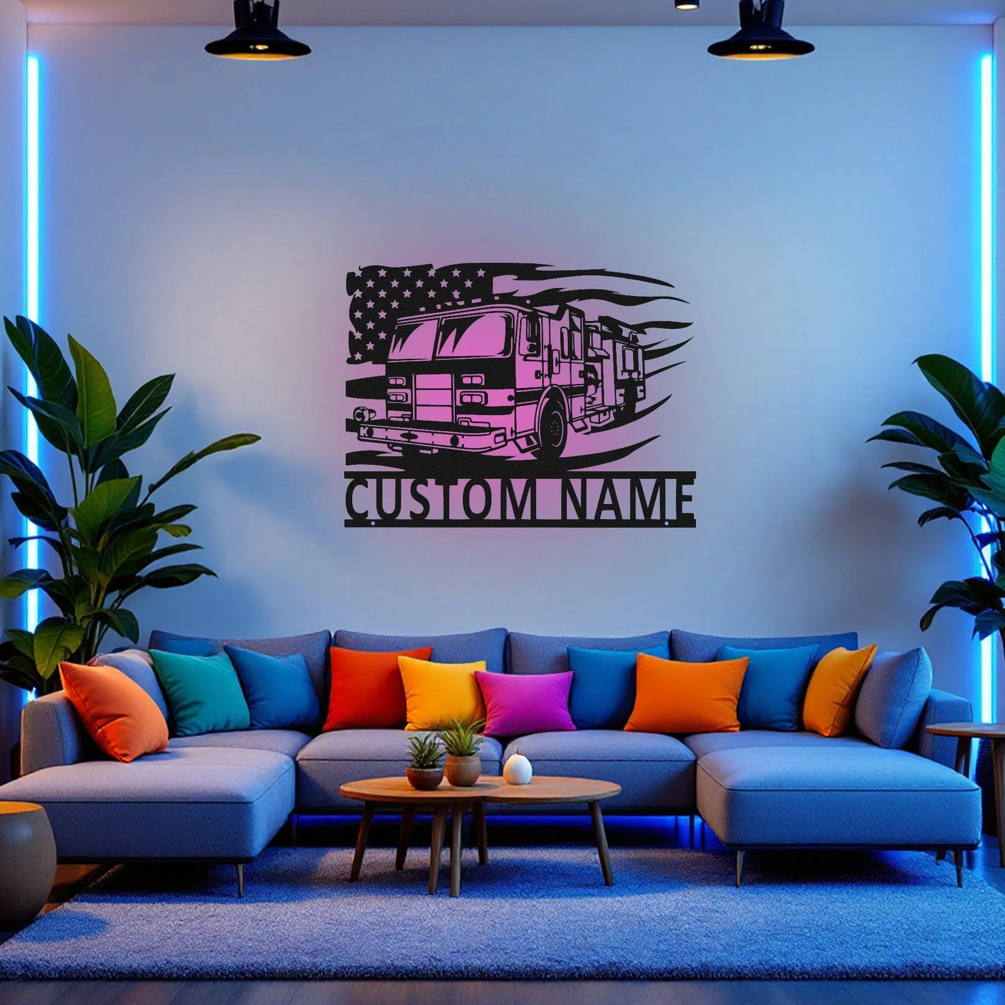 Custom US Fire Truck Metal Wall Art With Led Light, Personalized Fire Trucker Name Sign Decoration For Room, Us Fire Truck Metal Led Decor