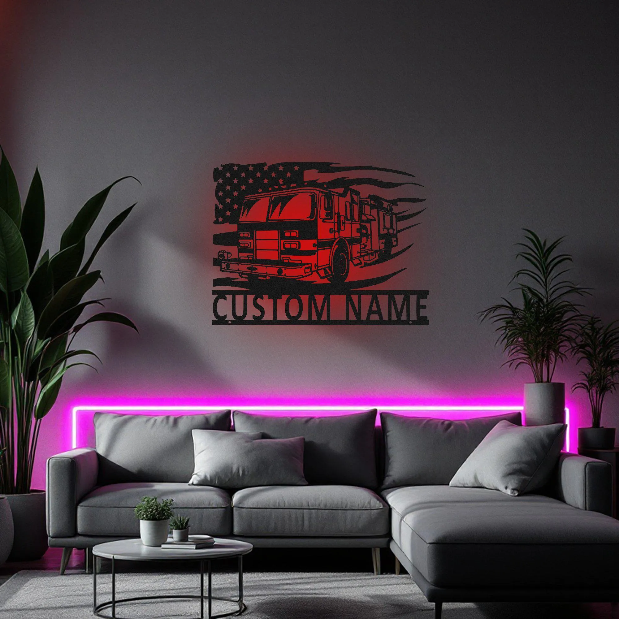 Custom US Fire Truck Metal Wall Art With Led Light, Personalized Fire Trucker Name Sign Decoration For Room, Us Fire Truck Metal Led Decor