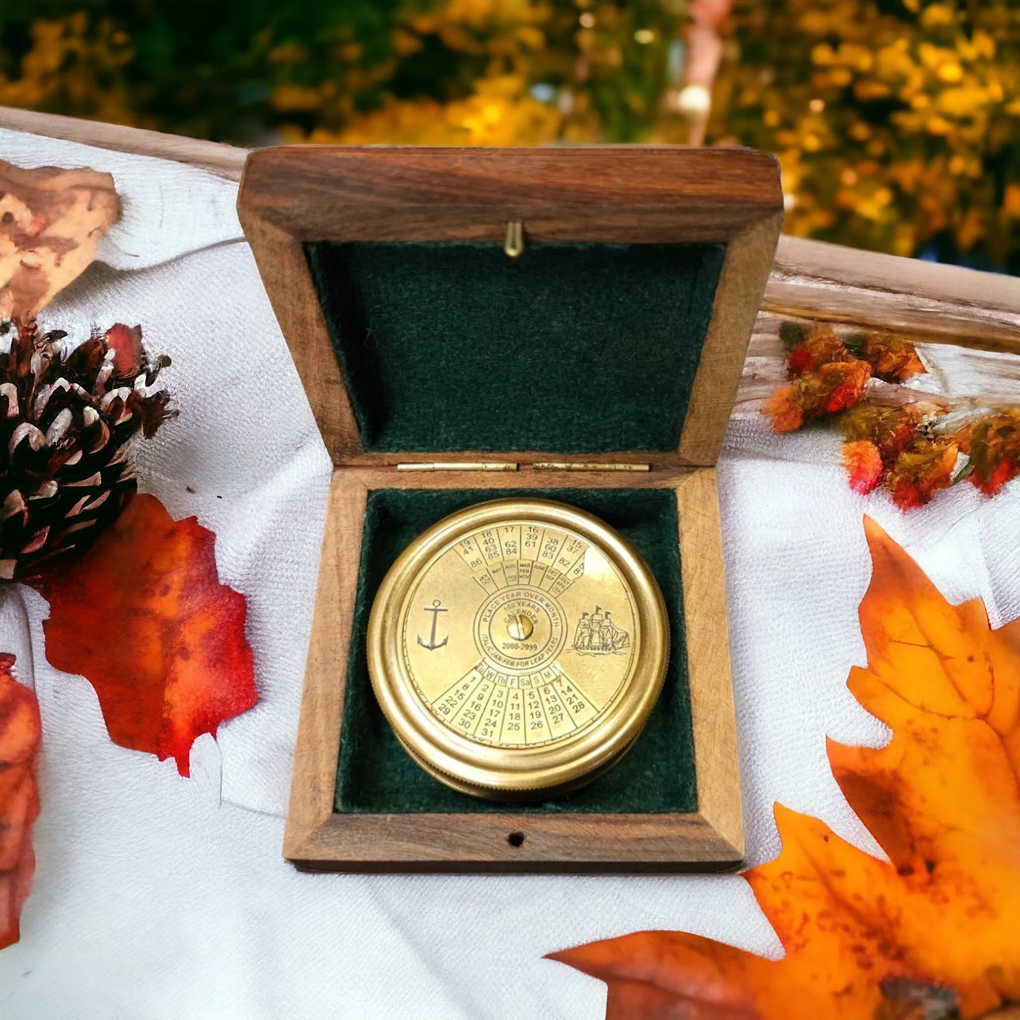 Customisable Calendar Compass with Wooden Box | Personalised Brass Gift